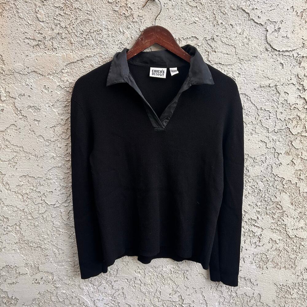 Vintage Chico’s Design Black Polo Collar Knit Top Size 2 (Large)